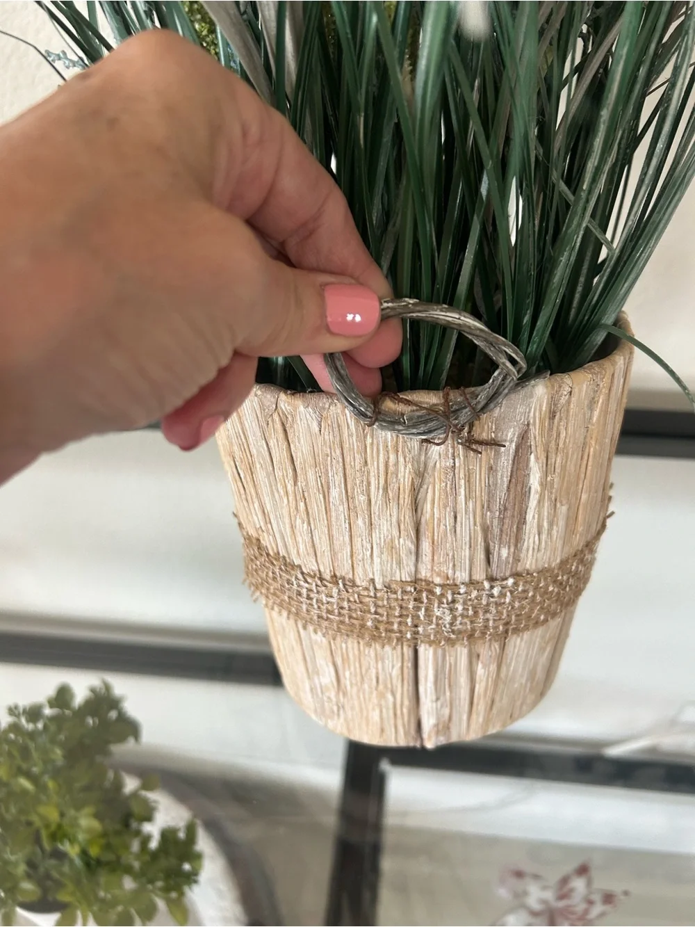 Natural Green Faux Grass Arrangement in Tan Rustic Pot